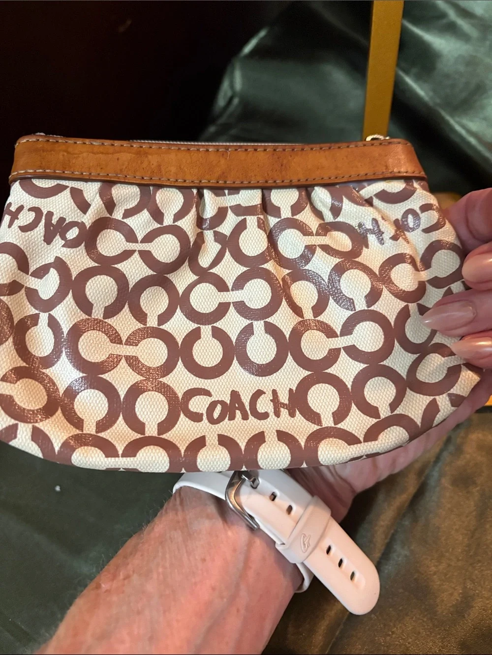 Coach Vintage Signature Brown Leah Op Art wristlet coated canvas leather trim